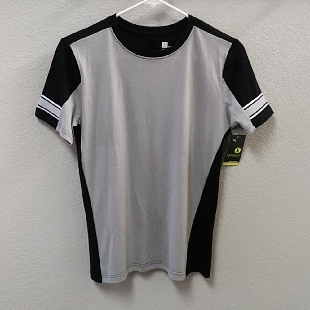 NWT Xersion Grey Black Short Sleeve Tee L 14/16
